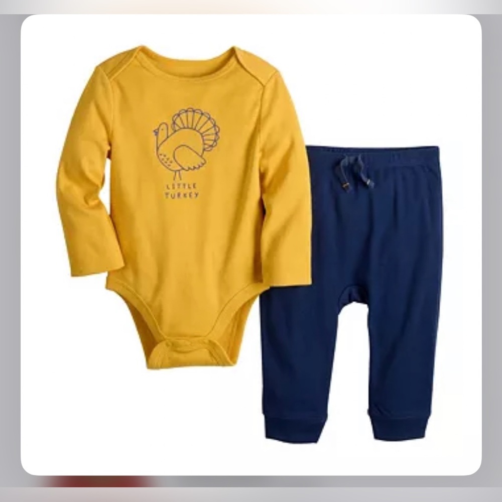Jumping Beans "Little Turkey" Bodysuit, Joggers size 3mo, yellow top, navy pants